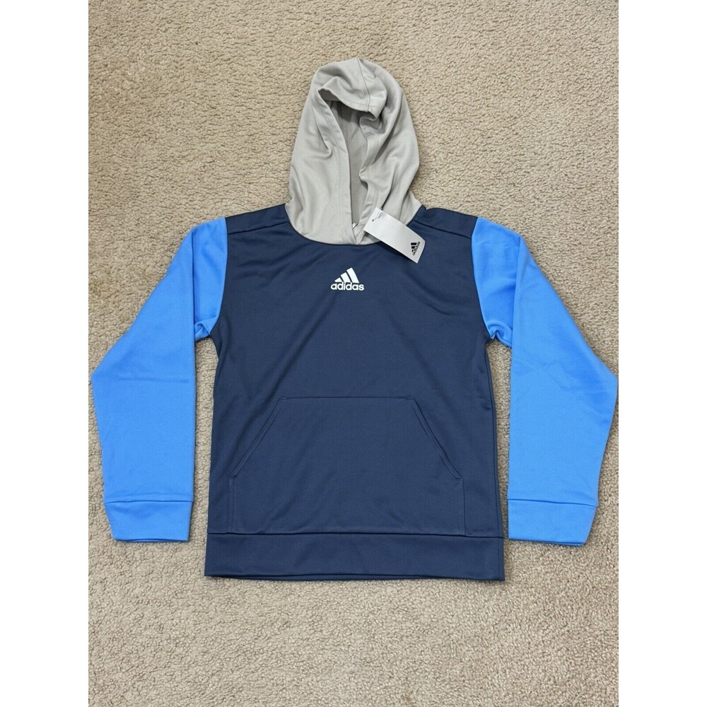 NWT Adidas Youth Hoodie Navy Blue Stripes Pocket Sweatshirt M 10/12